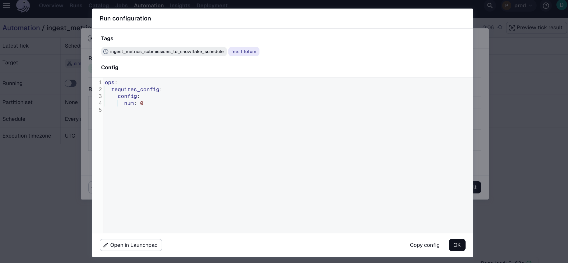 Actions page in the Dagster UI